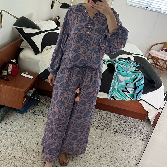 OMIKA Anthropologie India pants top set resort wear pink blue small s - Picture 1 of 10